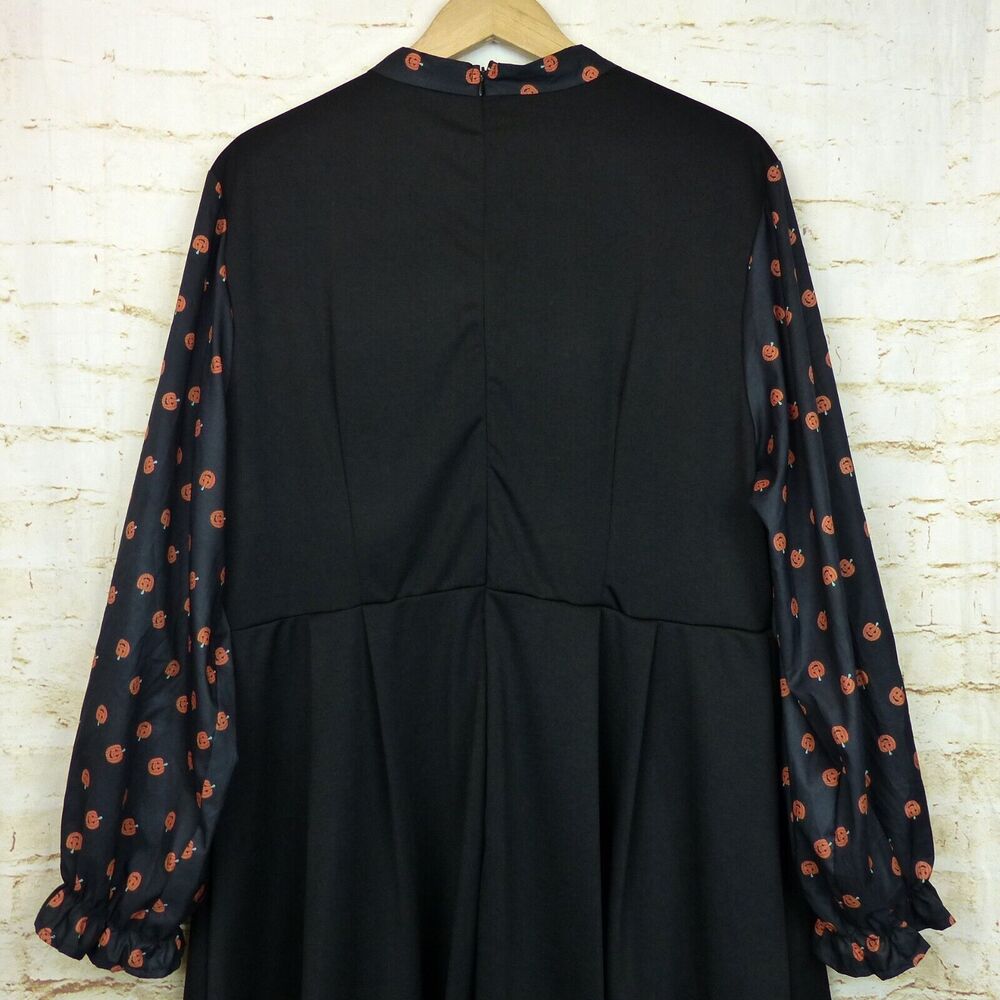 Pumpkin Print Halloween Dress Womens 4XL Black Contrast Long Sleeves Tie Neck - Picture 9 of 14